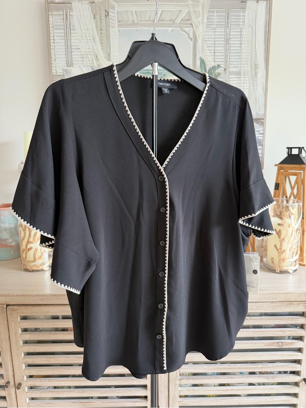 Karen Kane Black Button-Front V-Neck Top with Contrast Trim